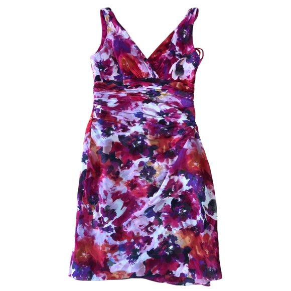 Lauren Ralph Lauren Floral 100% Silk Sleeveless V-Neck Ruched Dress Size 8 - Picture 2 of 8
